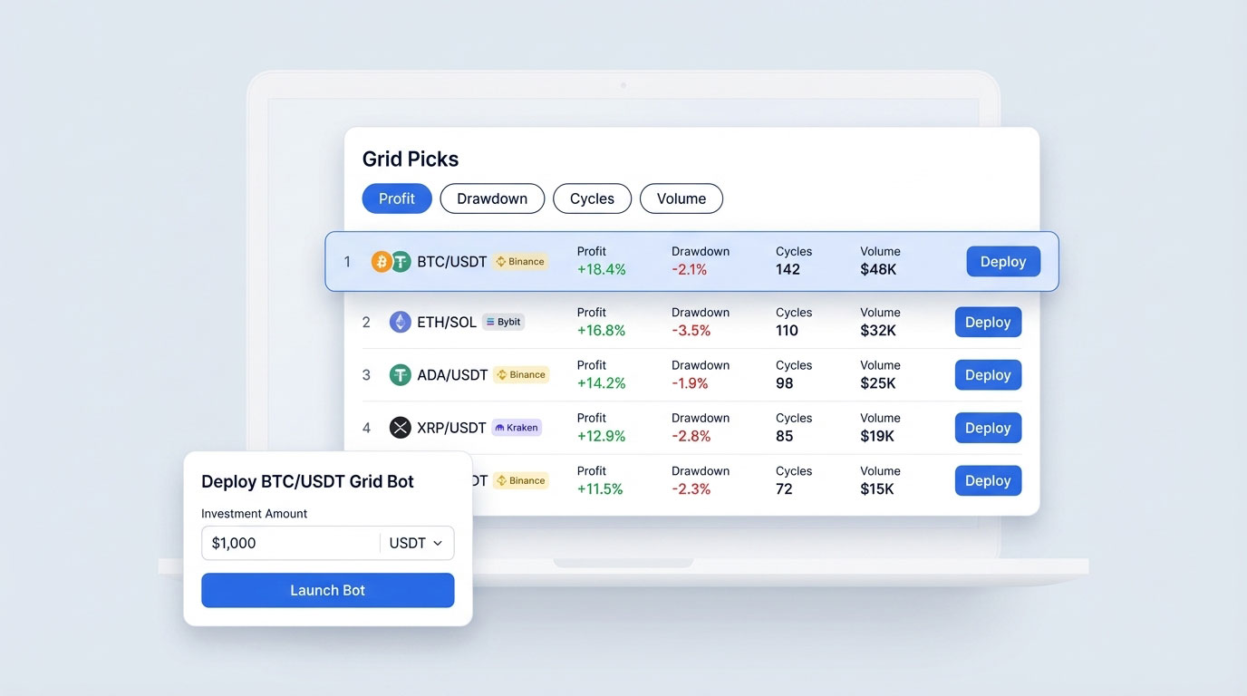 Grid Picks, що показує найефективніші конфігурації Grid Bot, ранжовані за прибутком