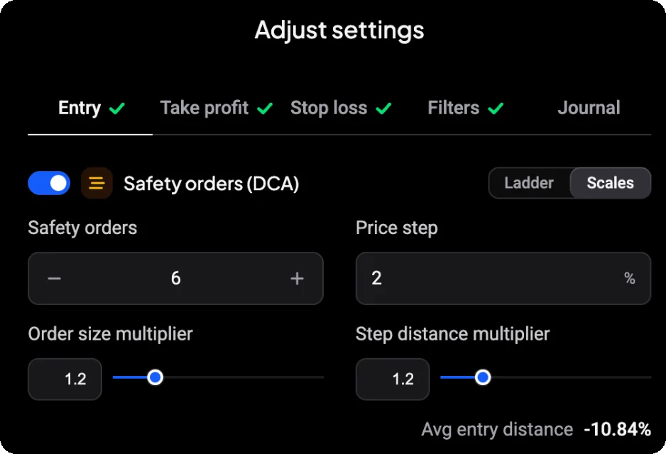 Altrady DCA Bot settings with safety orders, price step and order size multiplier