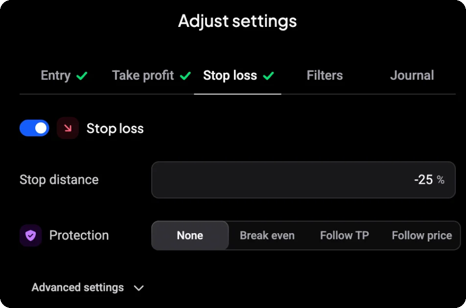 Stop loss tab of a DCA Bot with a -25% stop distance and the Protection options None, Break even, Follow TP and Follow price