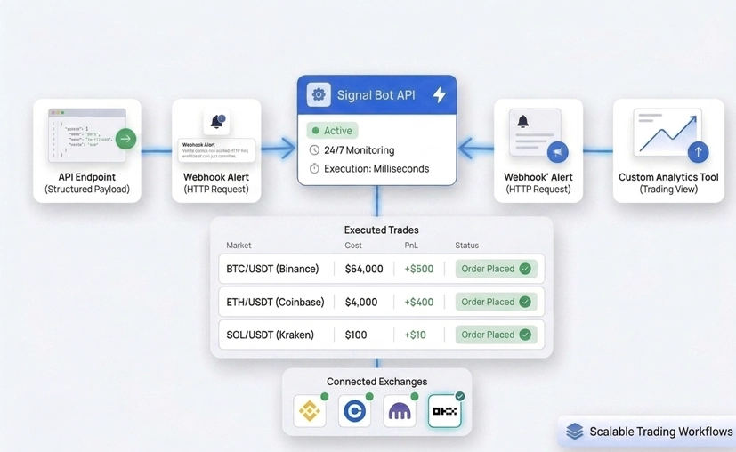 Схема API-автоматизации Signal Bot с API-эндпойнтами, webhook-уведомлениями и аналитическими инструментами, передающими сделки на Binance, Coinbase, Kraken и OKX