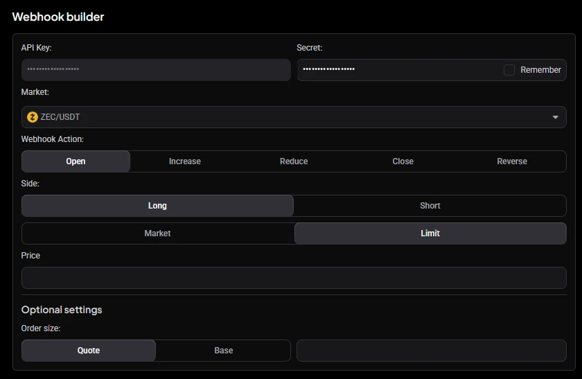 Webhook Builder settings in Altrady: market, webhook action tabs for Open, Increase, Reduce, Close and Reverse, Long or Short side, Market or Limit order type, price and order size, with the API key and secret masked